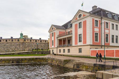 Karlskrona, Sweden- 31 August 204: View of the facade of the old, historic building and the walls of the Aurora Bastion.のeditorial素材