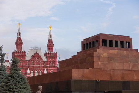 Moscow, Russia- 23 September 2014: View of the State Historical Museum and Lenins Mausoleum on the Red Square. Iconic resting place of Vladimir Lenin.のeditorial素材