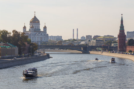 Moscow, Russia- 20 September 2014: View of the Cathedral of Christ the Savior, A Large Stone Bridge...