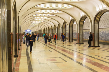 Moscow, Russia- 20 September 2014: Interior of the metro station Mayakovskaya in Moscow, Russia. It is a great monument of the Soviet era. Moscow metro is one of the main landmarks of Moscow.のeditorial素材