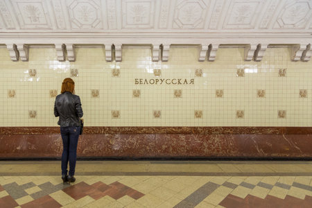Moscow, Russia- 20 September 2014: Interior of the metro station Belorusskaya in Moscow, Russia. It is a great monument of the Soviet era. Moscow metro is one of the main landmarks of Moscow.のeditorial素材