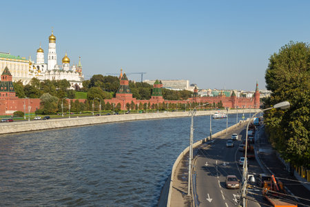 Moscow, Russia- 21 September 2014: View of Kremlin walls with Annunciation, Secret towers and the Grand Kremlin Palace.のeditorial素材