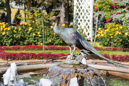 Moscow, Russia- 22 September 2014: Fountain with a peacocks sculpture in Great Kremlin Square, garden near the Red Square in the center of Moscow.のeditorial素材