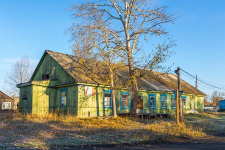Kozyriewsk, Kamchatka, Russia- 28 September 2014: Wooden, rural, green house in Kozyriewsk on the Kamchatka Peninsula. Big tree in the frontのeditorial素材