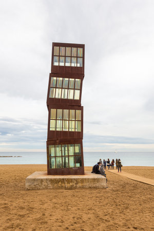 Barcelona, Spain- 09 November 2014: View of La Estrella Herida, The Wounded Star, monument paying homage to the essence of Barceloneta. San Miguel beach in Barcelona.のeditorial素材
