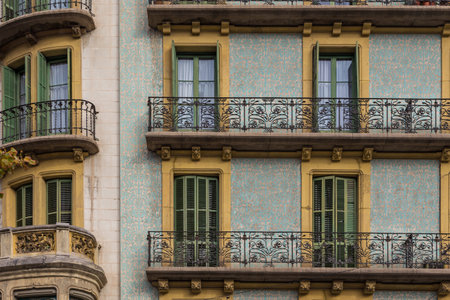 Barcelona, Spain- 10 November 2014: Facade of a historic tenement at Rambla de Catalunya, Eixample District. Building with rich decorations. New part of the city.のeditorial素材
