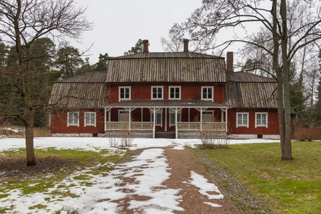 Helsinki, Finland- 01 March 2015: Exhibits from the heritage park, Ulkomuseo ethnographic museum on Seurasaari island. Open-air museum located near the capital of Helsinki.のeditorial素材