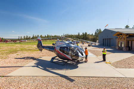 Maverick Helicopters on the blacktop at the airport, Tusayan, USA.のeditorial素材