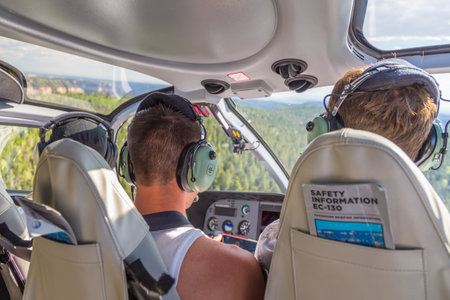 Passenger inside the Maverick Helicopters on the blacktop at the airport, Tusayan, USA.のeditorial素材