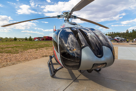 Maverick Helicopters on the blacktop at the airport, Tusayan, USA.のeditorial素材