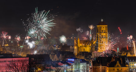 New year fireworks over the old town of Gdansk, Poland.