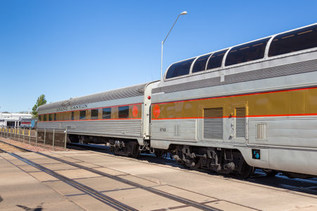 Williams, Arizona, USA- 01 June 2015: Grand Canyon train on the station, modern, contemporary truck.