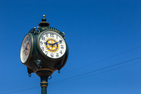 Williams, Arizona, USA- 01 June 2015: A street clock with the name of the city. Characteristic point in the city.のeditorial素材