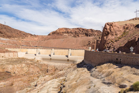 Boulder City, Nevada, USA- 01 June 2015: View of the Hoover Dam, a concrete gravitational arc dam, built in the Black Canyon on the Colorado River. Road and car park.のeditorial素材