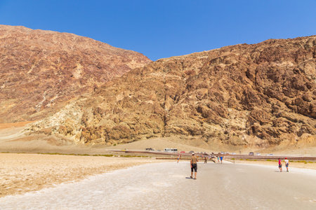 Death Valley, California, USA- 02 June 2015: View of the Badwater Basin, endorheic basin in Death Valley National Park, noted as the lowest point in North America at 282 feet below sea level.のeditorial素材