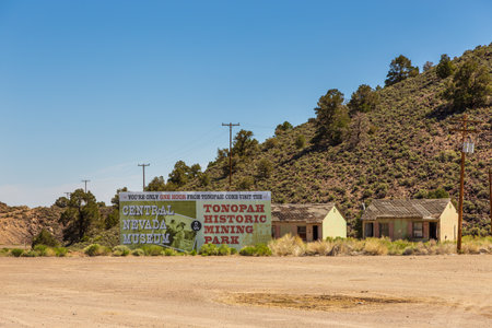 Tonopah, Nevada, USA- 03 June 2015: Big advertisement for Tonopah Historic Mining Park, Central Nevada Museum. Queen of the Silver Camps.のeditorial素材