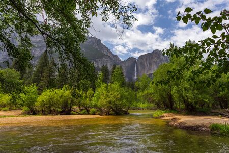View of the Yosemite Falls, the highest falls in Yosemite National Park. Located in Yosemite Valley, California, USA.の写真素材