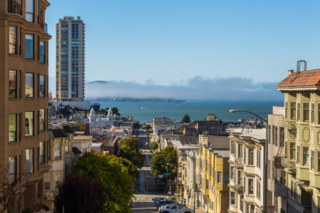 San Francisco, California, USA- 07 June 2015: View of the Mason street, Alcatraz Island and San...