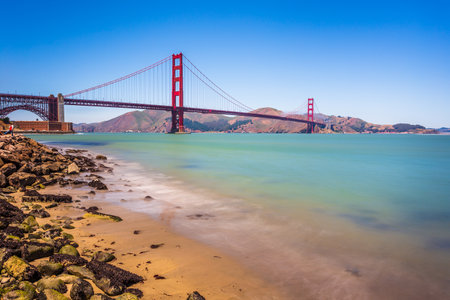San Francisco, California, USA- 08 June 2015: The Golden Gate Bridge the morning fog. Art Deco...