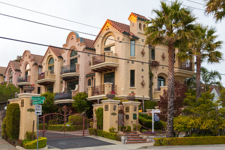 Santa Cruz, California, USA- 08 June 2015: View of the elegant facade of the tenement house along Villa Mar Vista, Downtown.のeditorial素材