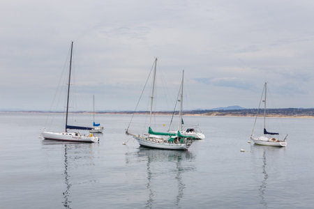 Monterey, California, USA - 09 June 2015: View of the Monterey Yacht Port. Exclusive yachts moored in the marina. Pacific Ocean Coast.のeditorial素材