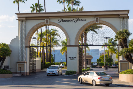Los Angeles, Hollywood, USA- 10 June 2015:View of the Paramount Pictures, Merlose Gate. American film studio .のeditorial素材