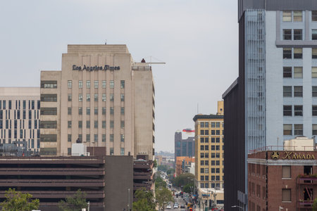 Los Angeles, California, USA- 11 June 2015: Tall buildings of Downtown in Los Angeles. Los Angeles Times headquarters.のeditorial素材