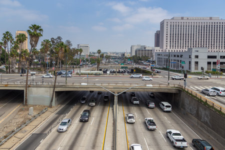 Los Angeles, California, USA- 11 June 2015: View of skyscrapers in Downtown. Urbanized landscape.
