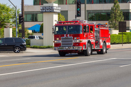 Los Angeles, California, USA- 11 June 2015: Fire brigade car on streets, Los Angeles Fire Dept.