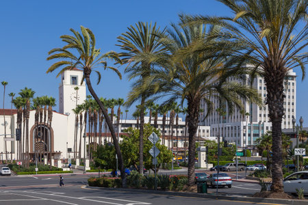 Los Angeles, California, USA- 11 June 2015: View of the historic building Union Station, the main railway station.のeditorial素材