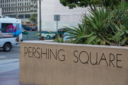 Los Angeles, California, USA- 11 June 2015: Pershing Square, small, public square in Downtown. Characteristic sculpture.のeditorial素材