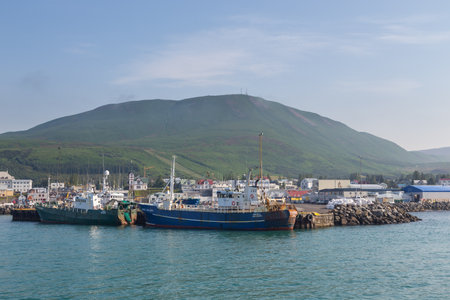 Husavik, Iceland- 25 August 2015: Cutters moored in port, currently used for whale watching voyages.のeditorial素材
