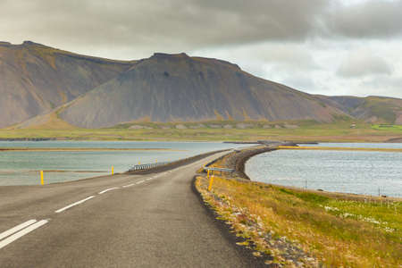 View of the coast of Grundafjordur bay on the Snaefellsnes peninsula. Mountain around. Western Iceland.の写真素材