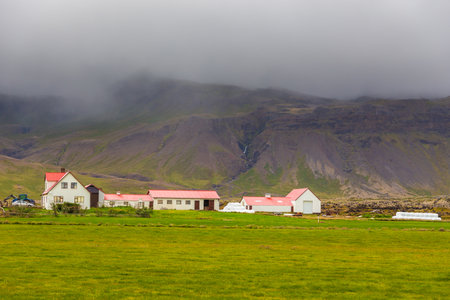 West Iceland, 26 August 2015: A white traditional house in a small town. Mountain in the background.のeditorial素材