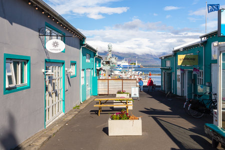 Reykjavik, Iceland- 27 August 2015: Burgerjoint, the restaurant part of the port. A popular part of capital city. Ship in the background.のeditorial素材