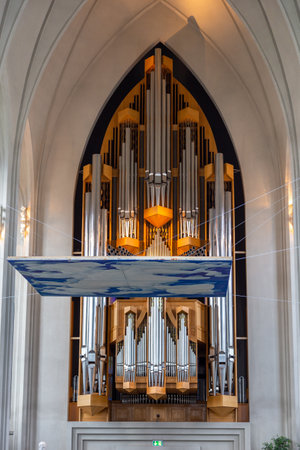 Reykjavik, Iceland- 27 August 2015: Interior and details of Hallgrimskirkja, Lutheran, parish church, named after the Icelandic poet and clergyman Hallgrimur Petursson.のeditorial素材