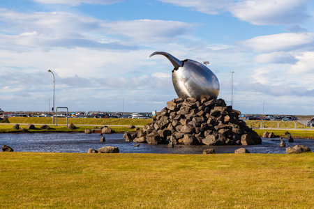 Keflavik Iceland- 28 August 2015: Building exterior and The Jet Nest artwork - big metal egg. Keflavik International Airport, the main airport in Iceland.のeditorial素材
