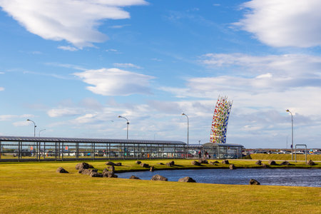 Keflavik Iceland- 28 August 2015: Rainbow Regnbogi sculpture stands in front of the terminal of Keflavik Airport.のeditorial素材