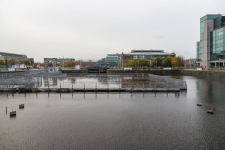 Dublin, Ireland- 09 November 2015: Traditional Irish building and reservoir at North Dock Street.