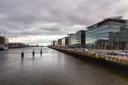Dublin, Ireland - November 10, 2015: Aerial Dublin city view over Liffey River at Inns Quay. Modern,...