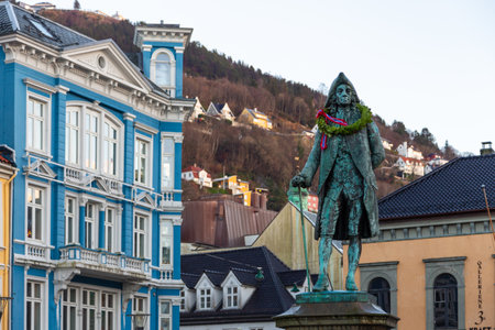 Bergen, Norway - December 12, 2015: Ludwig Holberg Monument, writer, essayist, philosopher, historian and playwright born in Bergen. Center of town.のeditorial素材