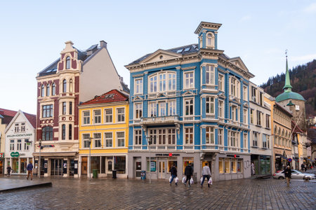 Bergen, Norway - December 12, 2015: Colorful building at the center of town. Shops and restaurant.のeditorial素材