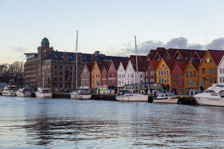 Bergen, Norway- 12 December 2015: View of the Bryggen, series of Hanseatic heritage commercial buildings lining up the eastern side of Vagen harbor.のeditorial素材