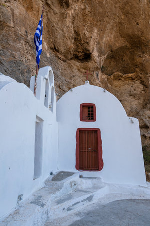 Panagia Katefiani on path to Ancient Thira, archeological site. Mesa Vouno Mountain. Greek island of Santorini in the southern Aegean Sea.の写真素材
