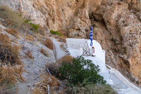Panagia Katefiani on path to Ancient Thira, archeological site. Mesa Vouno Mountain. Greek island of Santorini in the southern Aegean Sea.の写真素材