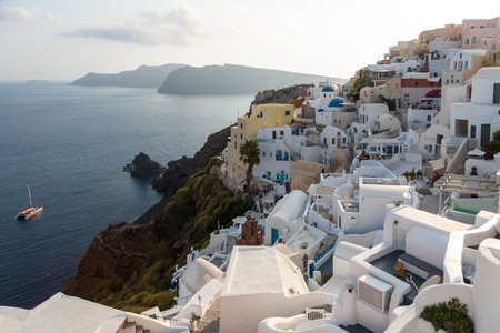 Oia, Santorini Island, Greece- 18 September 2020: Scenic view of famous, traditional cycladic white architecture in the village.のeditorial素材