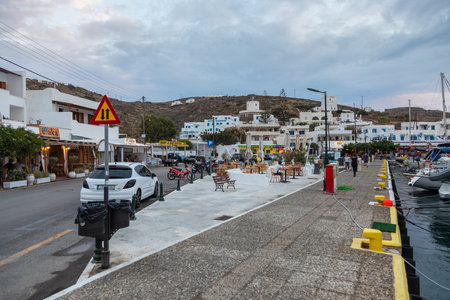 Chora, Ios Island, Greece- 19 September 2020: View of the center of the old port city. Restaurants and shops.のeditorial素材