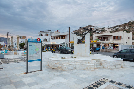 Chora, Ios Island, Greece- 19 September 2020: View of the center of the old port city. Restaurants and shops.のeditorial素材