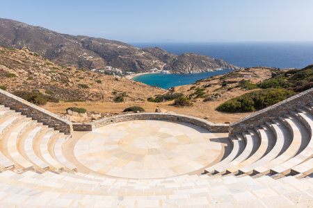 View of the Odyseas Elytis, amphitheater. Open ancient greek style theater with view the sea. Ios Island, Greece.のeditorial素材