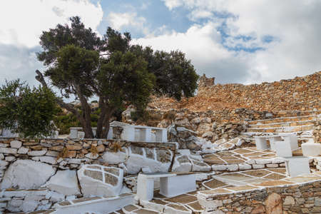 View of the ruins and walls of the castle Palaiokastro. The structure lies on the top of a hill, Ios...